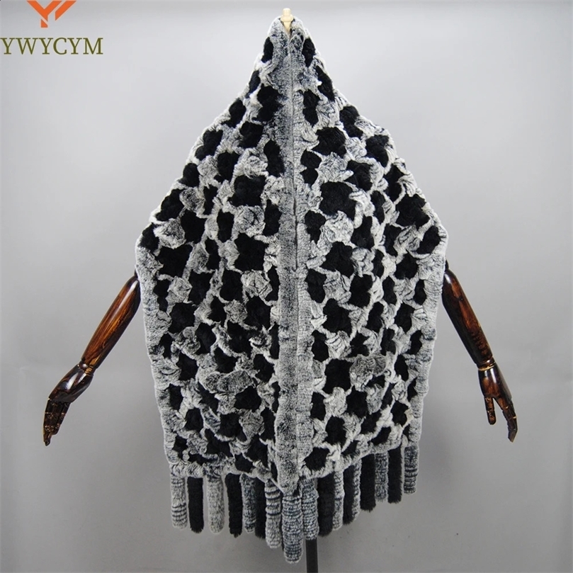 Fashion Womens Real Rex Rabbit Fur Raincoat Shawl Coat Knitted 100% Natural Sweater Cape High Quality Scarf 240911