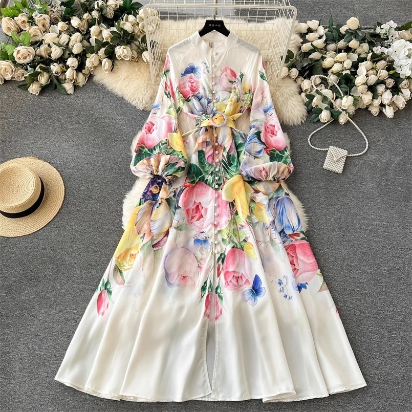 Spring Holiday Flower Linen Dress Womens Stand Long Lantern Sleeve Floral Print Single Breasted Belt Party Maxi Vestidos 6396 250322