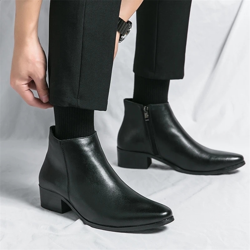Spring Autumn Heel Leather Shoes Fashionable Versatile Short Zipper Boots British Versions Mens Boots Ankle Pointed Toe High 250120