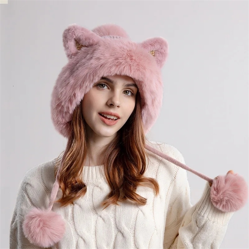 Chapeaux à bord large chapeau seau mignon chat d'oreille chapeaux de fourrure féminine russe ushanka trappat