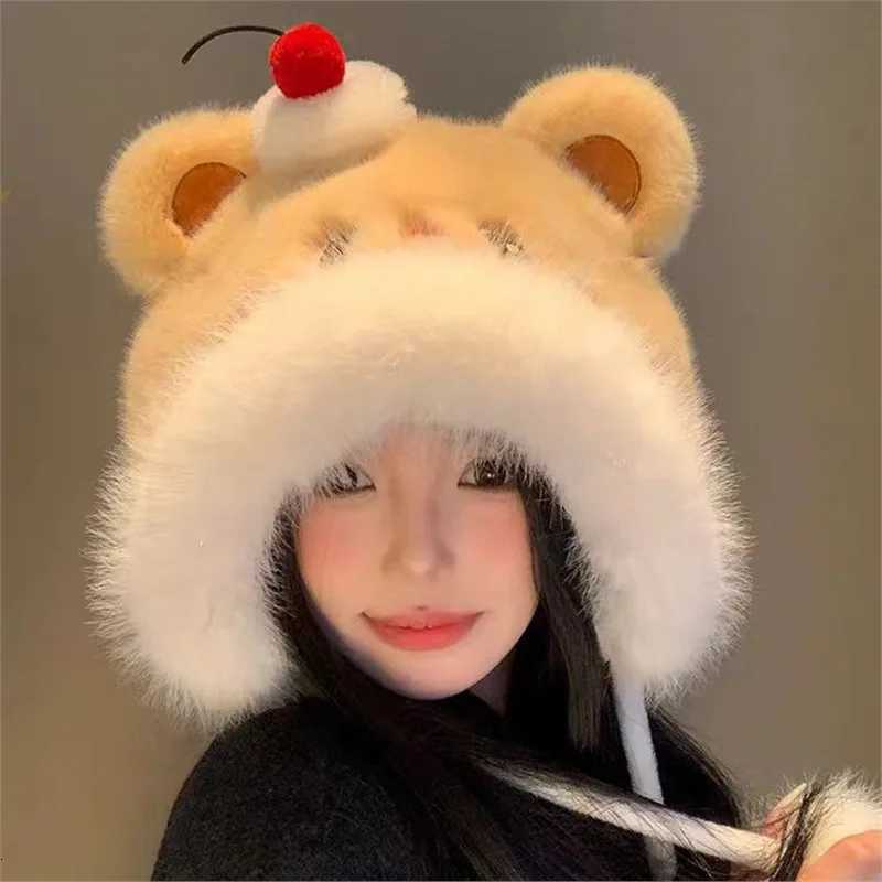 Cute Cake Teddy Bear Plush womens Winter Hat Scarf Face Highlighting Small Warm Ear Protection Windproof Hat 4m828XJ250923