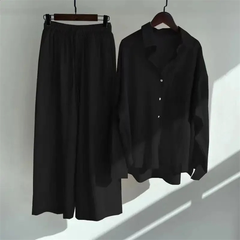 Retro high waisted loose cotton linen womens shirt set 2-piece set casual elegant fashion 250327