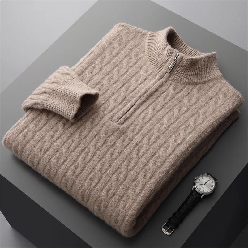 Autumn and winter 100% merino cashmere sweater mens thick twist top zipper collar bottoming shirt youth plus size knit pullover 240729