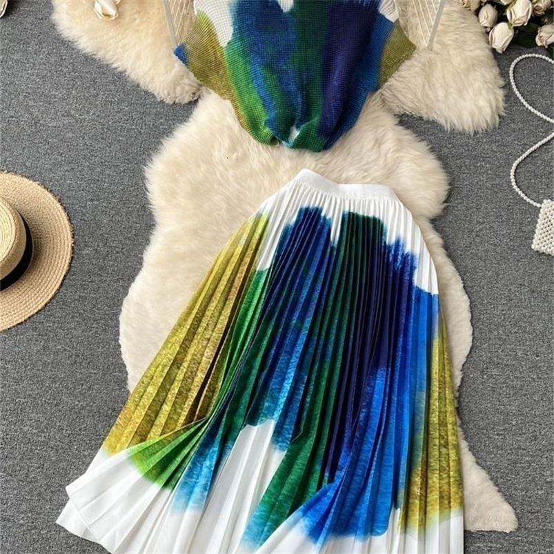 Summer Runway Flower Skirt Suit Womens Stretch Colorblock Knit Top High Waist Floral Printed Skirt Holiday Two Piece Set 240812