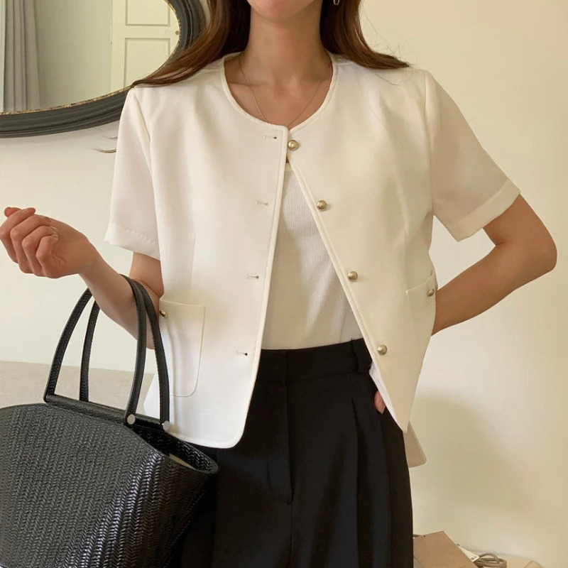 REALEFT Summer Single Breasted Womens Short Jackets Solid Oneck Sleeve Casual Korean Slim Outwear Female 250807