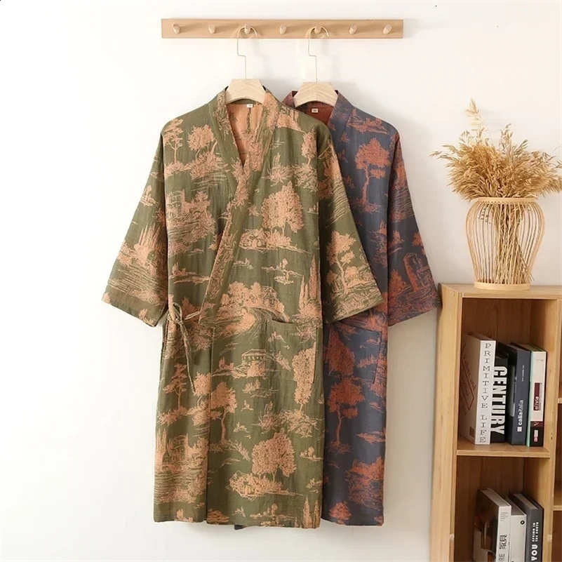 Blue Green Colors Printed Robe for Men Cotton Kimono Men Bathrobe for Spring and Summer Autumn Cotton Long Style Men Kimono Robe 250409