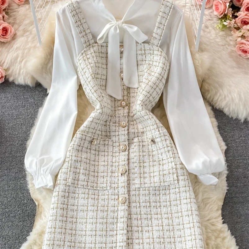 Women Two Piece Set Korean Fashion Bowtied Collar White Blouse And Spaghetti Strap Single Breasted Mini Tweed Dress Suits 240729