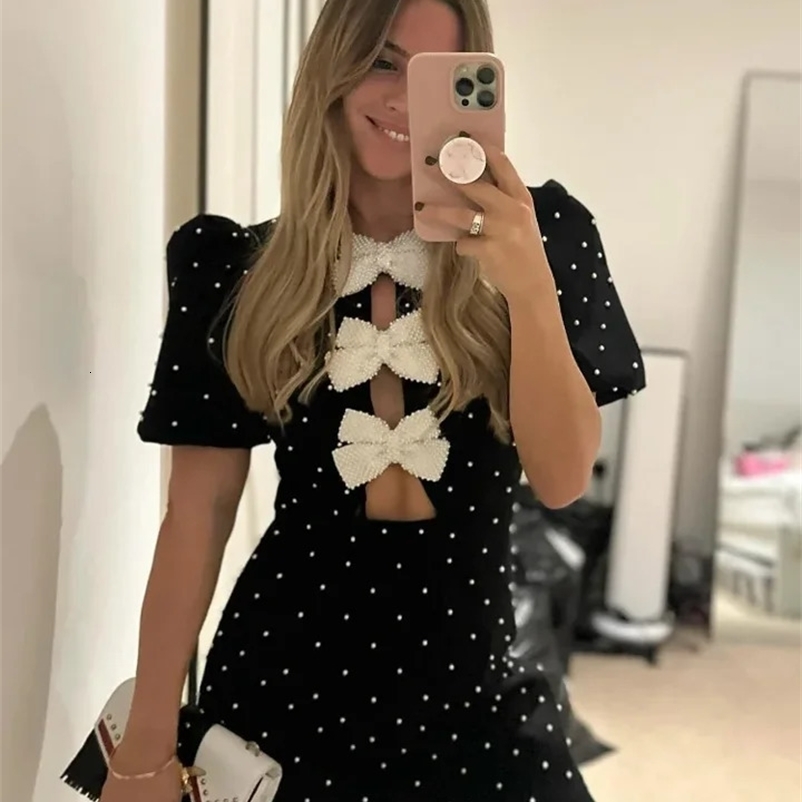 Bow Hollow Out Womens Black Dress Sexy Short Sleeve Party Mini Bandage O-neck Dresses Spring Elegant Shinny Robe 240828
