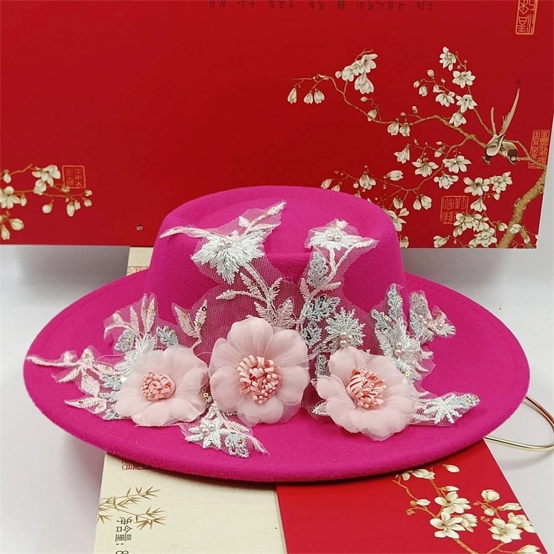 Nubuck leather fedora hat 3D large embroidery womens concave top brim retro elegant 240626