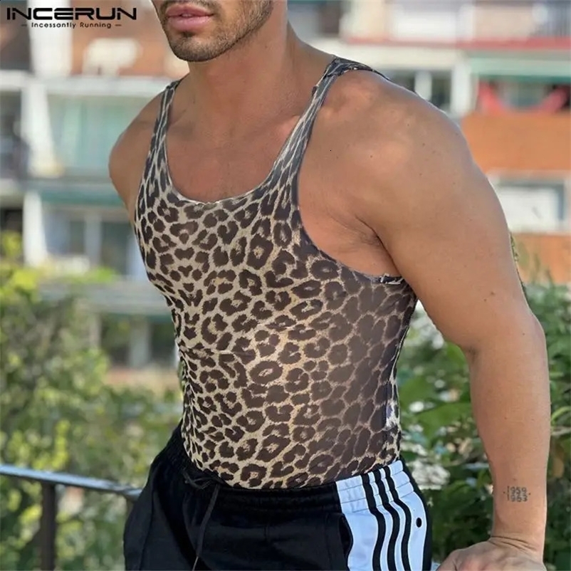 INCERUN Men Tank Tops Leopard Printing O-neck Sleeveless Skinny Male Vests Summer Streetwear 2024 Fashion Casual Men Clothing250514bj