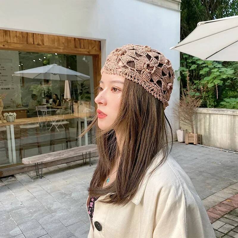 Elegant Hand Crochet Cotton Beret Knits Baotou HAT Hollow Out Mesh Knitted Cap ddmythur