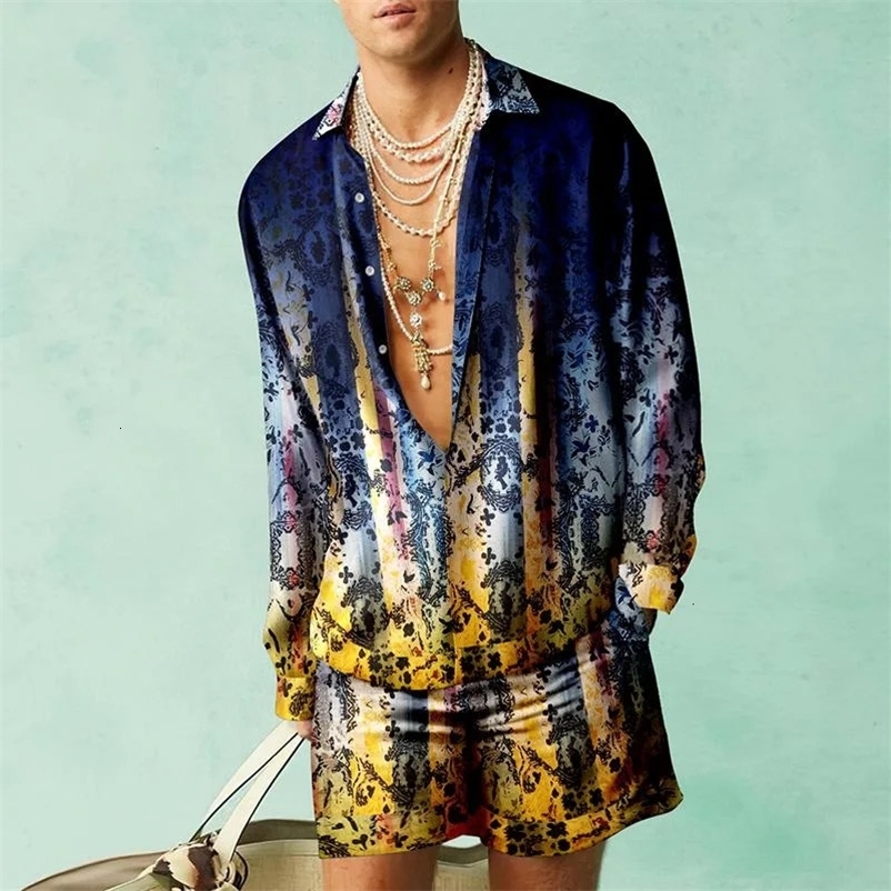 Fashion Shirt Sets 3D Printed Mens Casual Long Sleeves Shirts Oversized Beach Shorts Summer Streetwear Hawaiian Suits Clothing 240506
