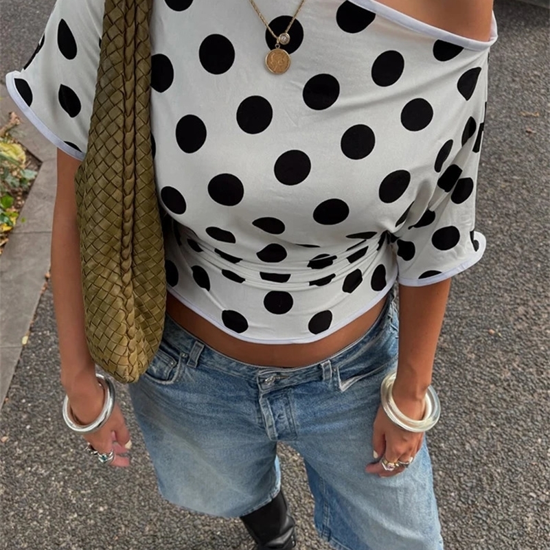 JULISSA MO Sexy One Shoulder Print Polka Dot Women T-shirt White Short Sleeve T-shirt Female Spring Loose Casual Streetwear 2025 250519