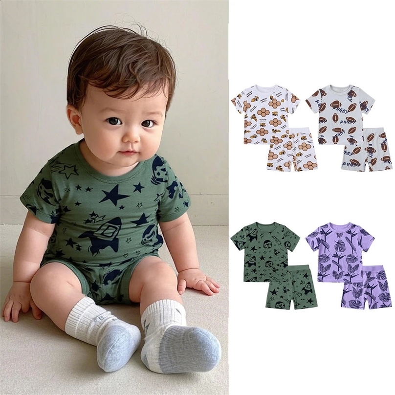 0-7Y Childrens Summer Clothes Baby Sets Bamboo Fiber Kids Boy Outfit Short Sleeved Printed T-shirtShorts Casual Girl 2Pcs Suit 250305