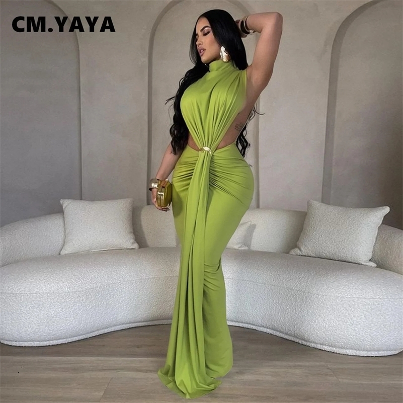 C.yaya Femmes O-Neck High Split Split Rocked Empiled Bodycon Midi Maxi Robe 2024 Club de fête du soir Vestidos Sexy Chic Long Robes 250121