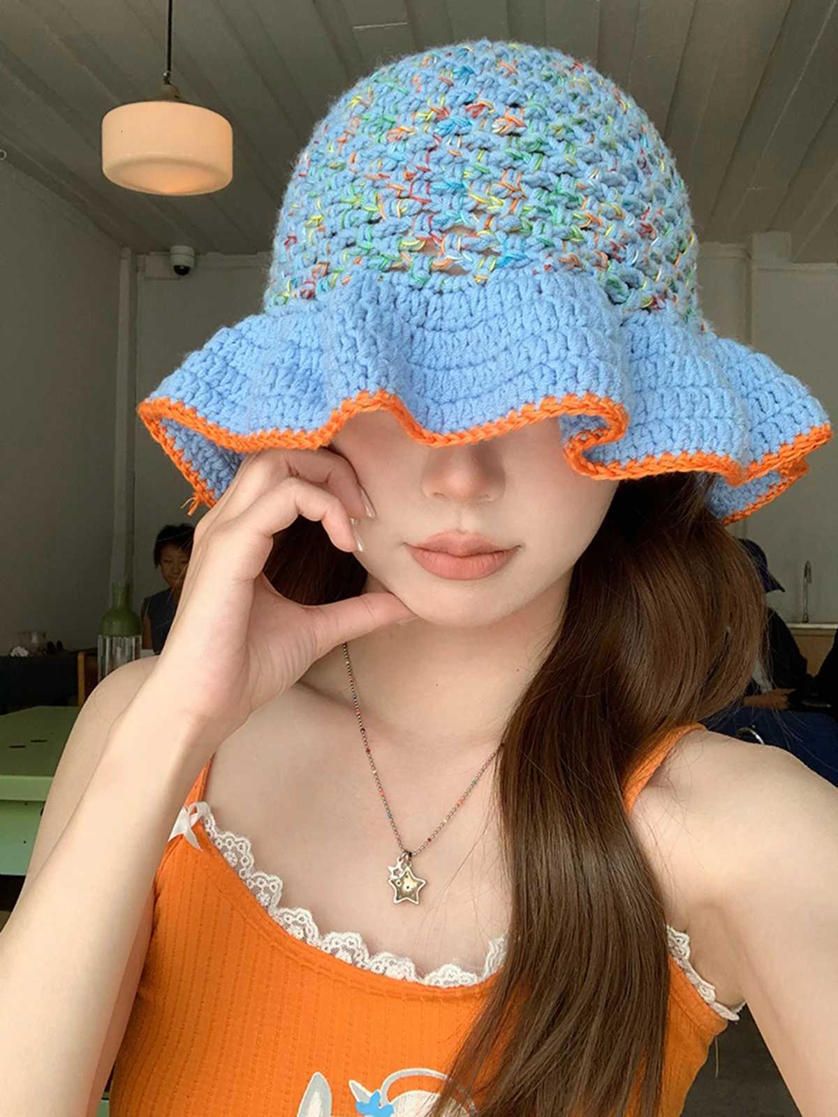 2024 graceful lace Colorful Hook flower hat Hat Womens Autumn and Winter Cute Handmade Plush Hat Knitted Fisherman Bucket HatsXJ250923