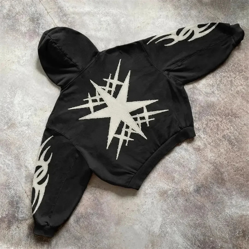 Womens super large hooded sweatshirt Harajuku retro hip-hop clothing streetwear Y2K black Gothic pattern patch sportswear 240828bj