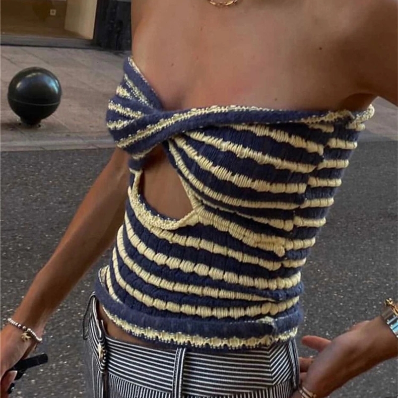 Tossy Off Shoulder Knit Tube Top Sexy Strapless Backless Bustier Tops For Women Stripe Cropped Top Summer Streetwear 240327