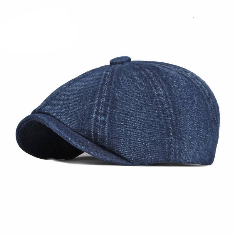 Men's Octagonal Casual Solid Eight-blade Berets Washed Denim Newsboy Women Painters Hat Peaked Herringbone Flat Cap ddmythur