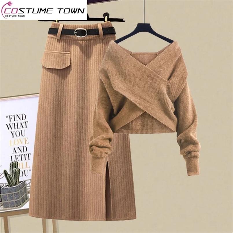 Large Womens Spring Set Womens Age Reducing Cross Knit Sweater Slim Half Skirt Two Piece Set 241121