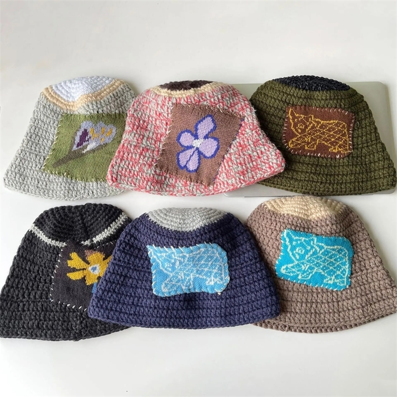 Beanie Skull Caps 2023 Ins Vintage Hand woven Patchwork Warm Beanie Autumn Winter Korean Color Matching Y2k Flowers Knitted Bucket Hat 231130bj