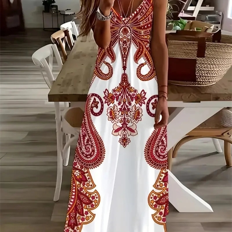 S-3XL Bohemian Style Beach Seaside Vacation Casual Dress Street Fashion Sleeveless Suspender Loose Large Size Long Dress 250326