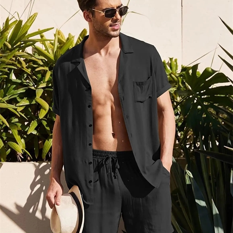Summer cotton linen shirt set mens casual outdoor 2-piece set and family clothing sleepwear comfortable and breathable beach short sleeved set 24081