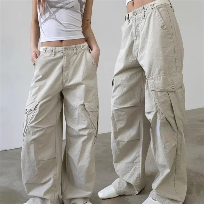 Tasche multiple pantaloni dritti donne 2024 pantaloni da carico sottili sciolti estivi y2k grunge alta gamba larga in vita alta 241120