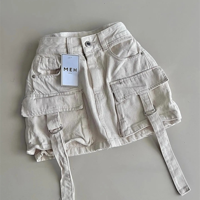 Vintage Gothic Y2k Off White Mini Skirt Fashionable Harajuku Multi Pocket Denim Plaid Skirt Womens Street Clothing Casual Sexy Short Skirt250425bj