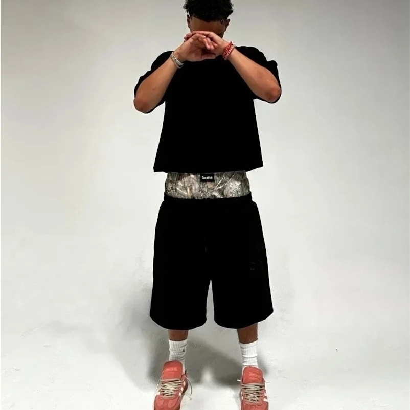 Y2K shorts cotton bag camouflage double waist embroidered sweater shorts Harajuku mens hip-hop high waisted streetwear 250110