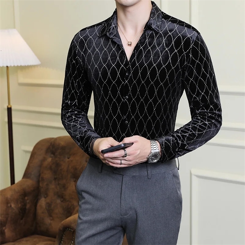 Mens autumn and winter velvet mens clothing social shirt 2024 slim fit elegant formal grid shirt dress long sleeved 241113bj