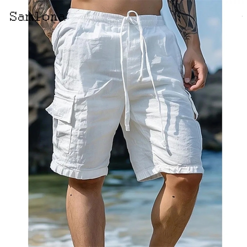 Mens Vintage Cotton Linen Shorts Half Bottoms 2024 European Style Casual Beach Short Cross-pant Solid White Drawstring pants250312bj