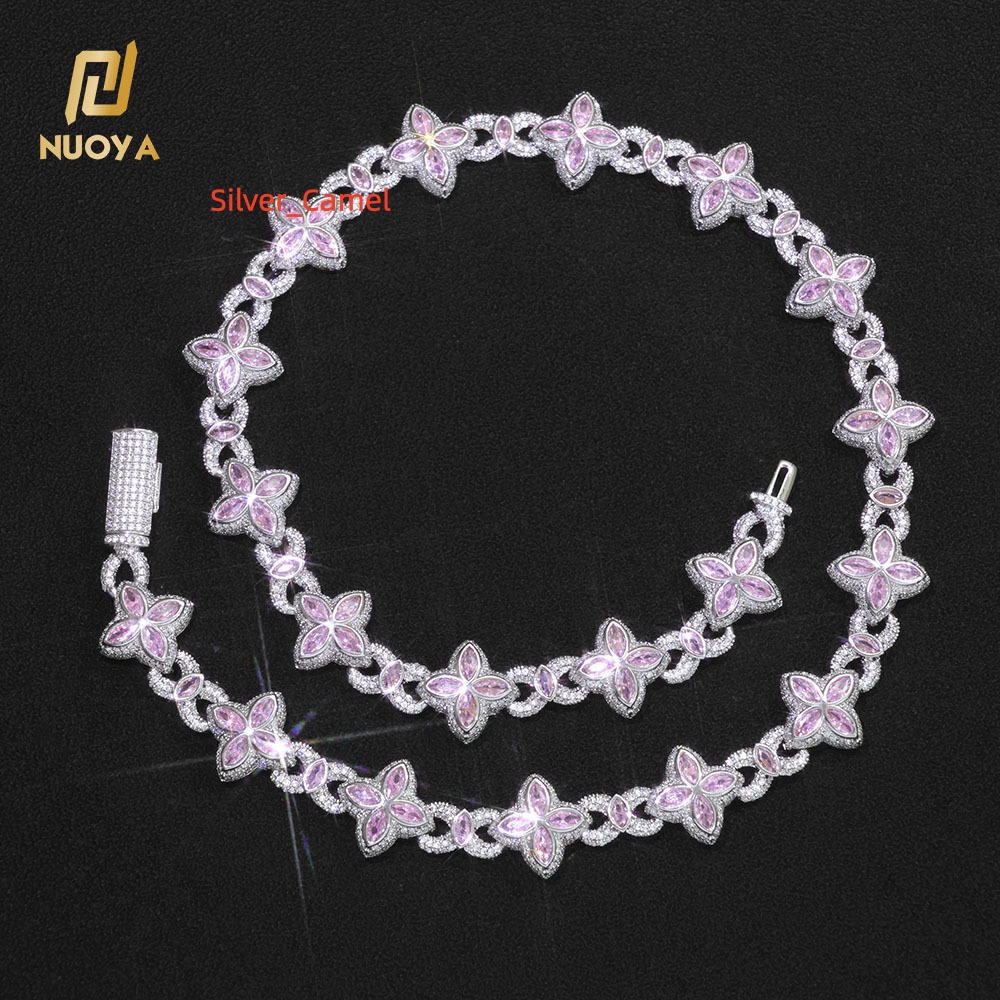 NUOYA Fine Jewelry Silver Plated Cuban Link Chain Colorful Eye Marquise Moissanite Iced Out Diamond FourLeaf Clover Chain Necklace