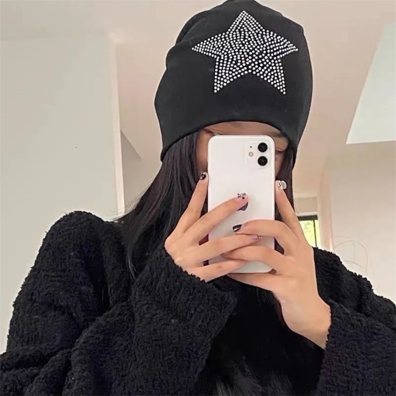 Diamond Star Y2K Womens Hip Hop Hat Autumn and Winter Warm Knitted Bomber Girl Boy Beanies Black Gray Street Hat 240531bj