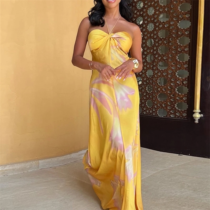 Yellow Printed Halter Satin Womens Dress Summer Hollow Off Shoulder Bohemian Dress Sexy Sleeveless Slim Party Long Dresses 250322