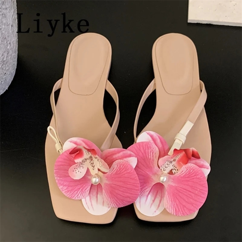 Liyke Summer Fashion Flowers Clip Toe Flip Flops Women Flat Slippers Outdoors Beach Sandal Female Shoes Mules Slides 250218