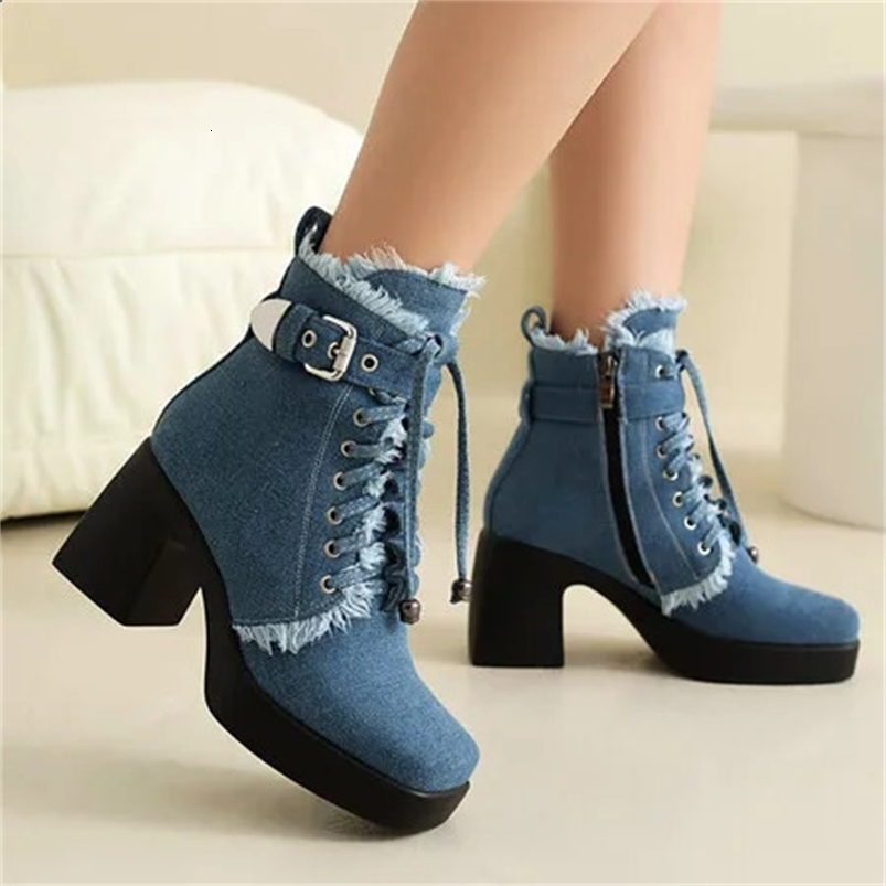 Big Size 43 Denim Modern Ankle Boots Women Blue Buckle Chic Cross Tie Boots Rose Red Chunky Super High Heels Lady Shoes 241227