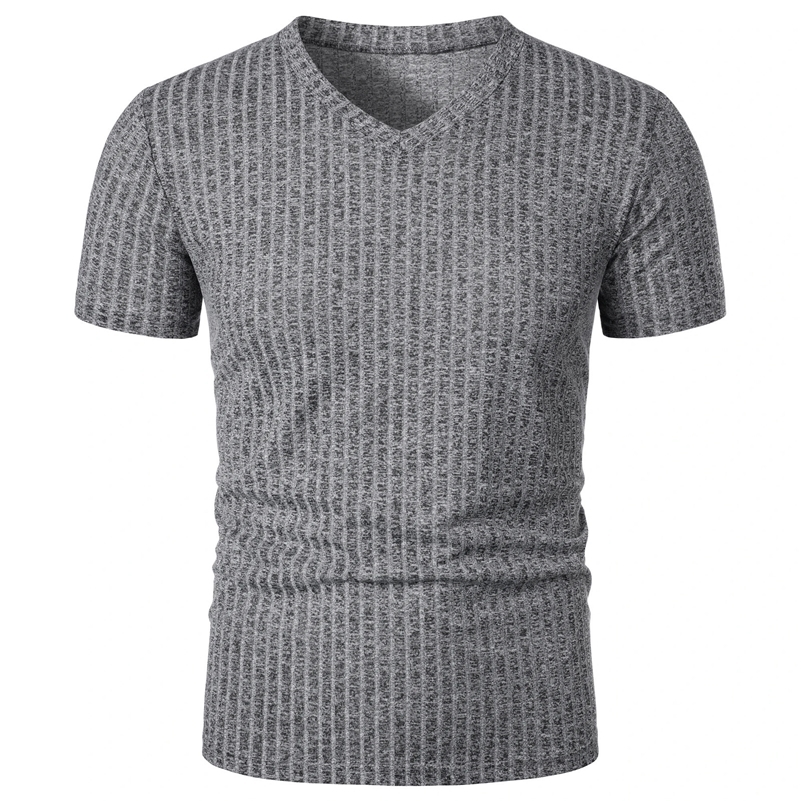 Mens running sports fitness wear summer high stretch vertical strip short sleeve V-neck slim knit base shirt 250417