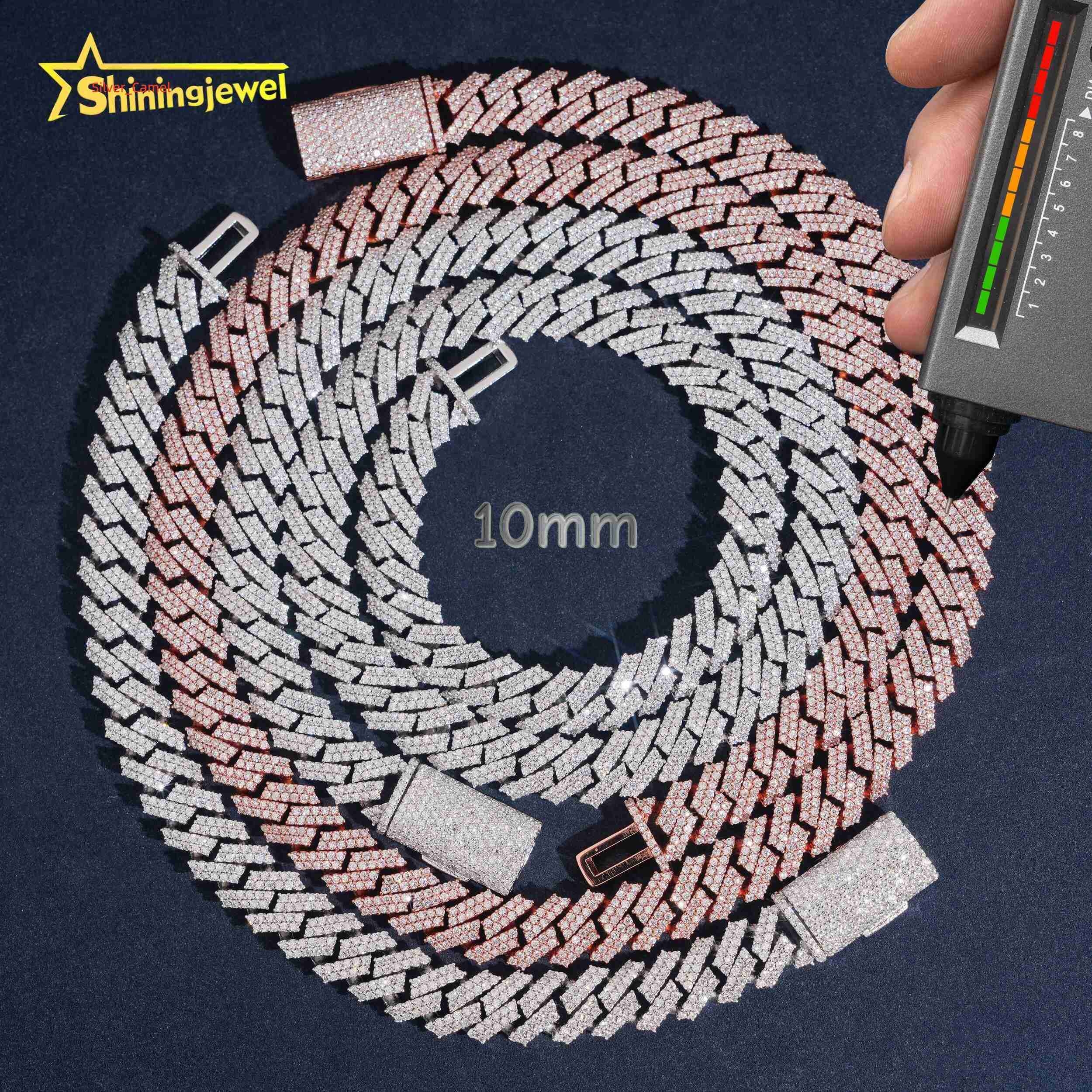 Iced Out Solid 10mm Baguette Moissanite Cuban Link Chain S925 Gold Plated VVS Moissanite Diamond Cuban Necklace
