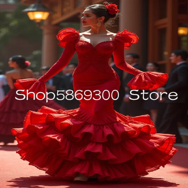 Robe de bal rouge flamenco sirène à manches longues sirène