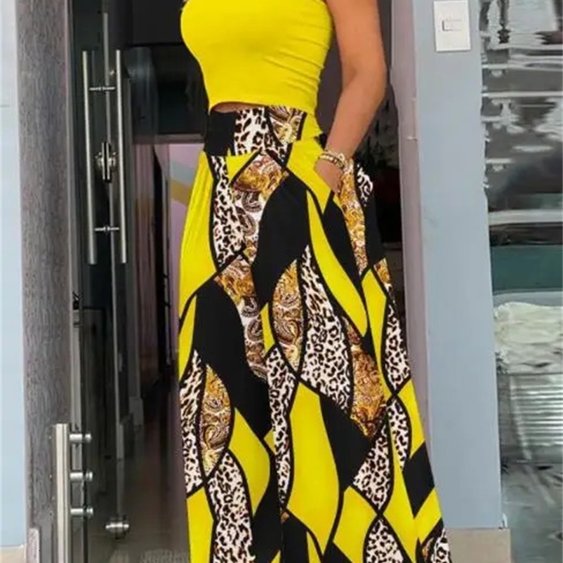 Two piece womens dress summer sleeveless top and printed fashionable high waist wide leg pants set streetwear240802bj