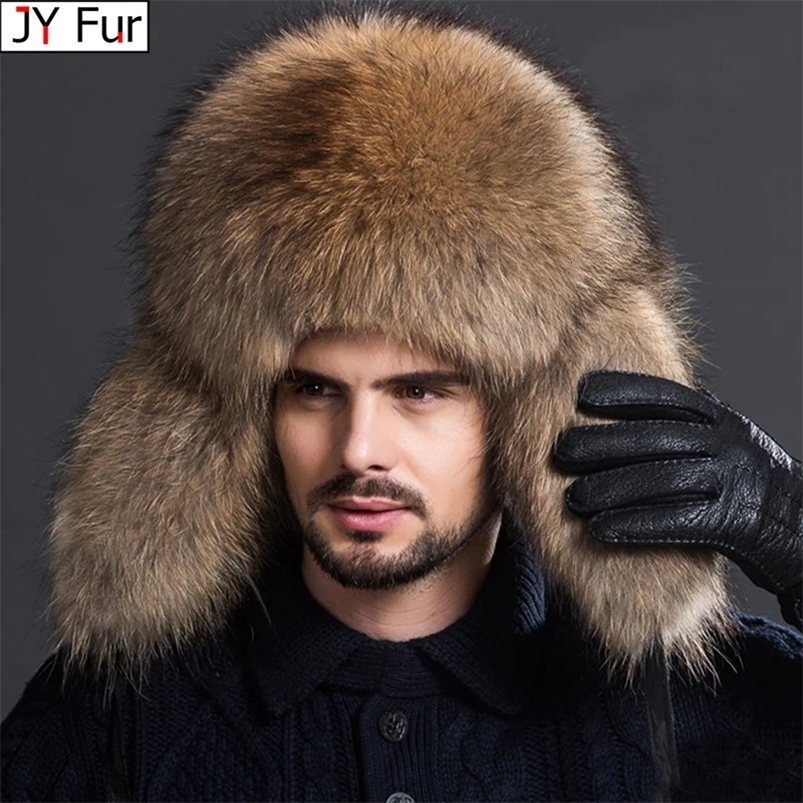 Real fur 100% Fox Skin Russian Businessmen Pilot Bombers Full Mao Mens hat Ushanka Winter Ear Guard Hat Raccoon Fur Beanie hat 241014