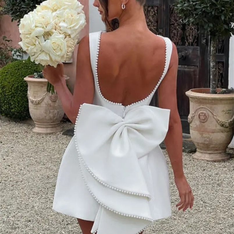 Elegant Pearl Bow Backless Sexy Mini Dress Womens Party Short Dresses White Black Pink Birthday Evening Wedding Summer 250401