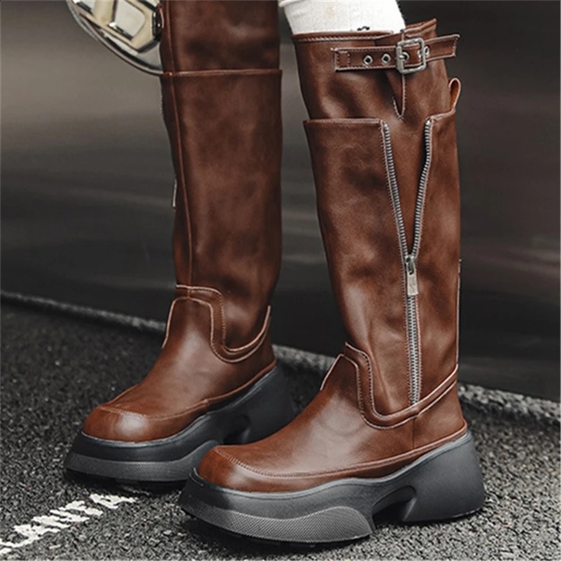 Leather belt buckle metal decoration knee high womens knight boots thick soled high heels Ins fashion punk womens shoes 240823bj
