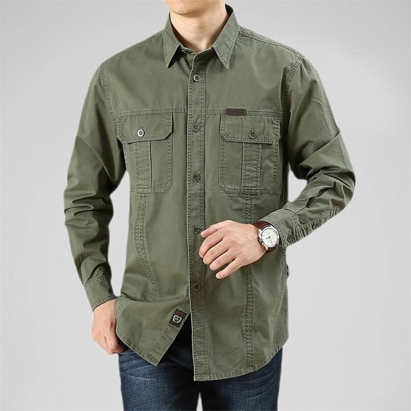 100% Cotton Mens Shirt Solid Color Multi-Pocket High Quality Cargo Shirts Fashion Outdoor Casual Long Sleeve Shirts For Men 240827