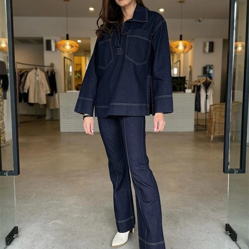 Clacive Fashion Loose Blue Denim 2-piece Womens Dress 2024 Retro Long Sleeve Shirt with Pants Set Womens Street Clothing 241206bj