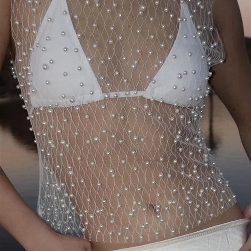 Mozision See Through Mesh Sleeveless Tops For Women Fashion Sheer Pearl Sexy Tank Tops Femme Club Party T-shirt 250507