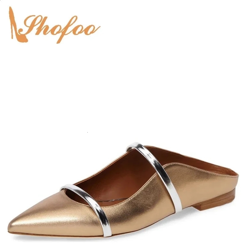 Pointed Toe Gold Womans Flats Mules Shallow Narrow Band Suitable for Large Sizes 13 15 Womens Summer Beach Shoes Fashion Shoes Shofoo 240919bj