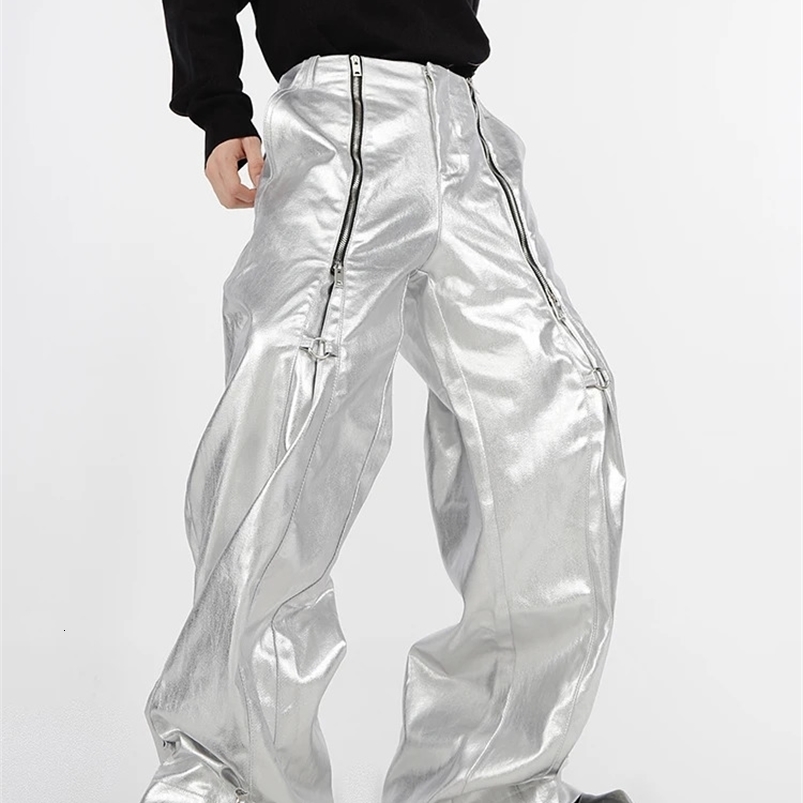 Mauroicardi Spring Autumn Cool Long Loose Casual Soft Black Silver Pu Leather Pants Men with Many Zippers Trousers Fashions 240816