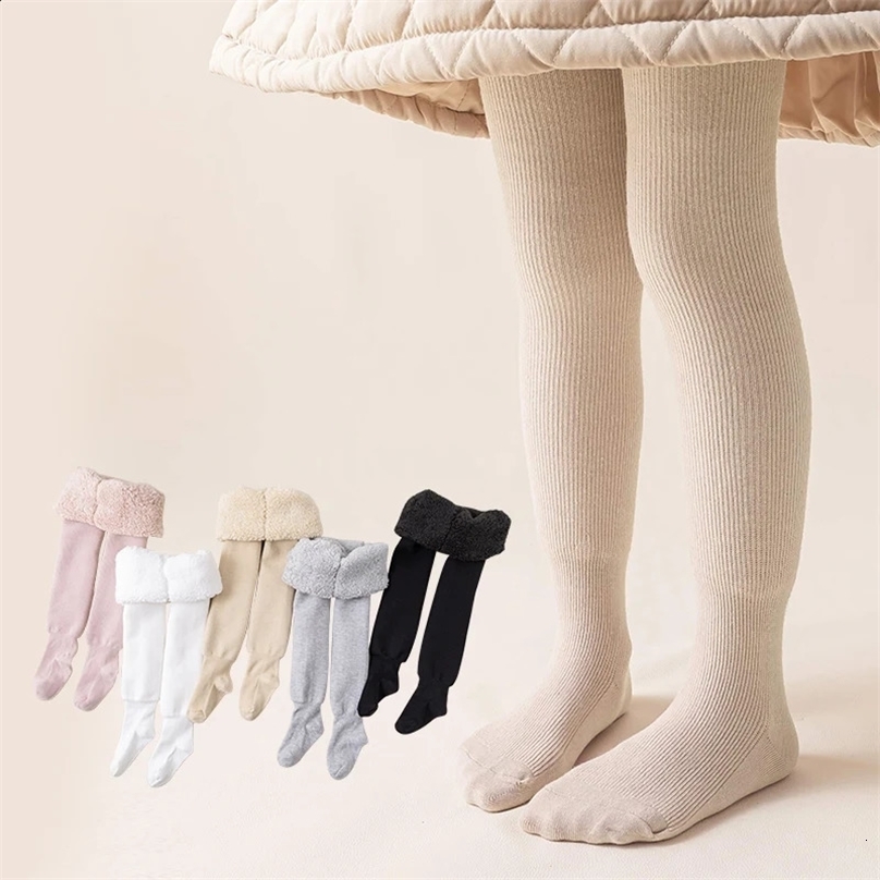 Leggings Tights Girls thick pantyhose Winter plus fleece Solid color pinstripe children s leggings Baby cloud thermal tights 231218